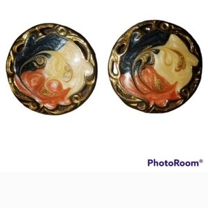 Vintage Navy, Pink & Cream with Gold Metallic Swirls Earrings